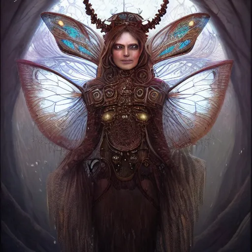 Prompt: realistic illustration of a beautiful rusted mechanical faerie queen with glowing eyes, moth wings with geometric patterns, reflective detailed textures, highly detailed dark fantasy science fiction painting by tom bagshaw and diego rivera, silver and cool colors, artstation