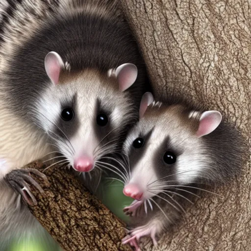 Image similar to a cute photograph of an opossum and american raccoon hugging, realistic 4k, unreal engine 5, award winning, HD UHD FHD