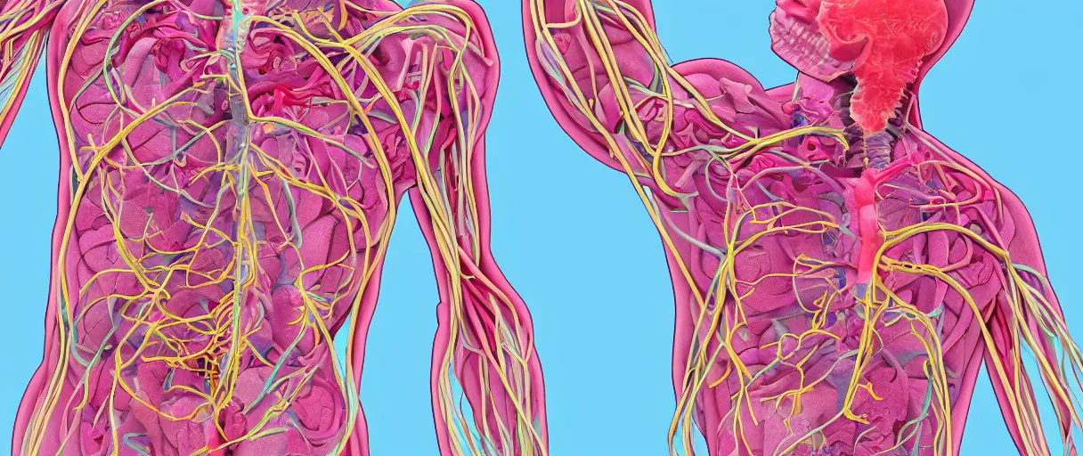 Prompt: kawaii pastel man made of internal organs and arteries and veins, digital art, pastel, colorful,