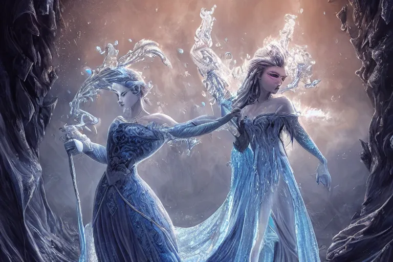 Image similar to Majestic beautiful young pepe ice goddess! fighting a beautiful evil fire goddess!! intricate, epic, elegant, menacing, fantasy, highly detailed, digital painting, hard focus, beautiful volumetric lighting, epic light, ultra detailed, souls, smoke, icicle, frozen by Leesha Hannigan, Ross Tran, Thierry Doizon, Kai Carpenter, Ignacio Fernández Ríos