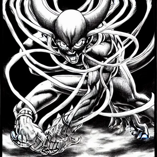 Image similar to Vel'Koz Champion (league of legends, 2009), artwork by kentaro miura, Kentaro Miura style, Berserk Style, High details, cinematic composition, manga, black and white ink style, a lot of details with ink shadows