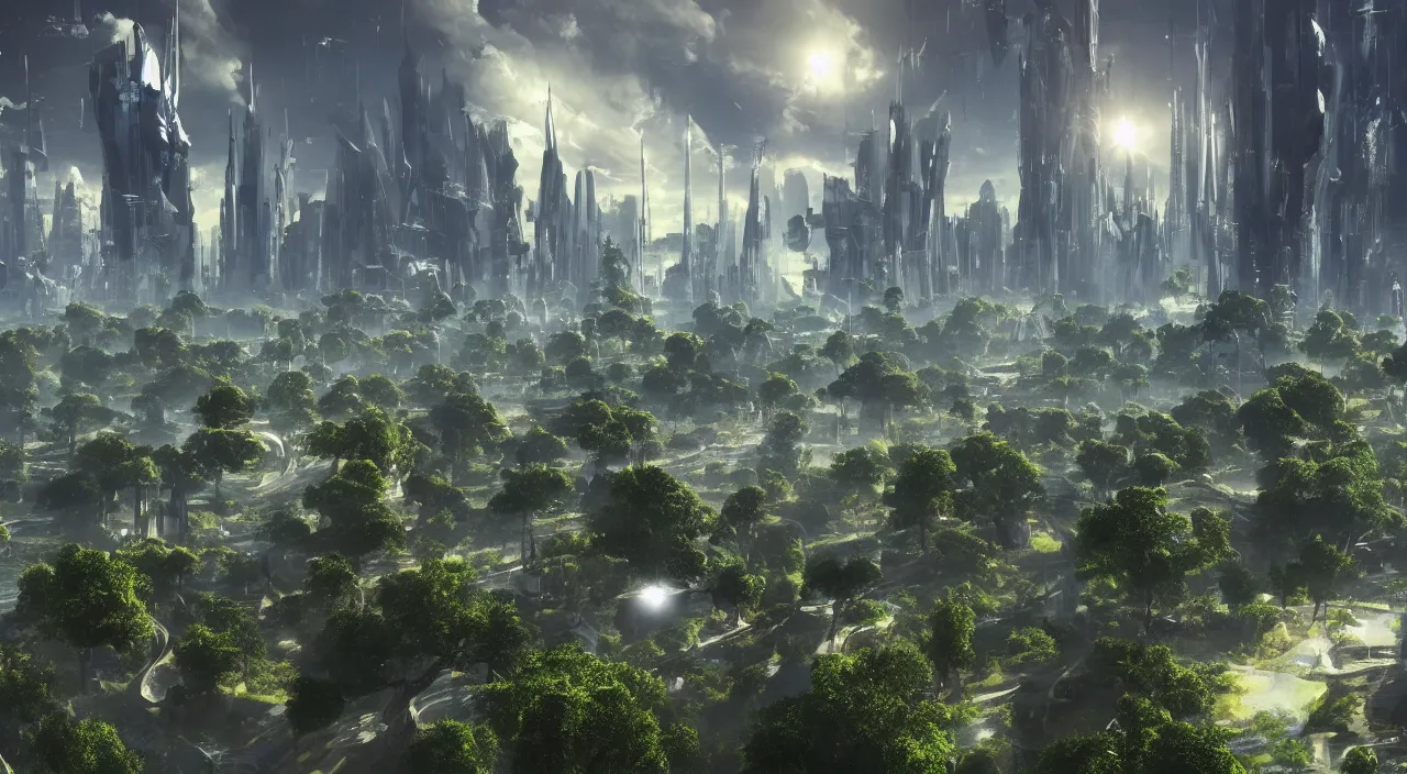 Image similar to An absolutely beautiful view of a sci-fi world. There are tall structures seen in the distance, with lots of unique looking trees.