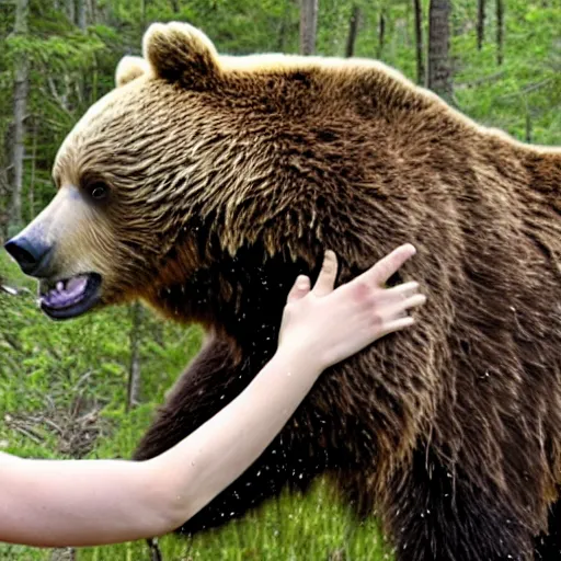 Prompt: trailcam footage of emma watson head locking a bear