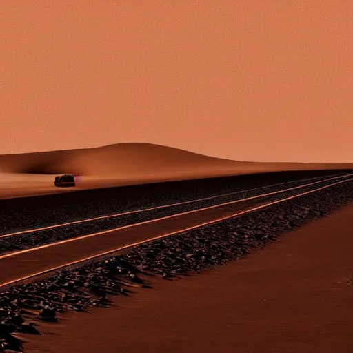 Prompt: train on wheels crosses the desert on mars, landscape, cyberpunk