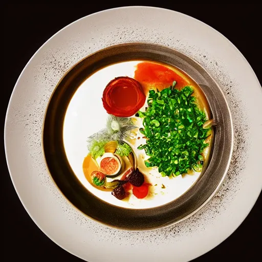 Image similar to brilliant food dish from Alinea 2023 - photograph of plate from above 1920x1080