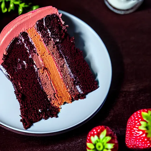 Prompt: a photograph of a cross section cut strawberry chocolate cake at night, candles illuminating the scene, photo realistic, hyperrealism