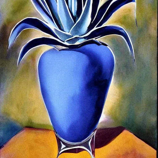 Prompt: agave plant in a blue vase with eyes