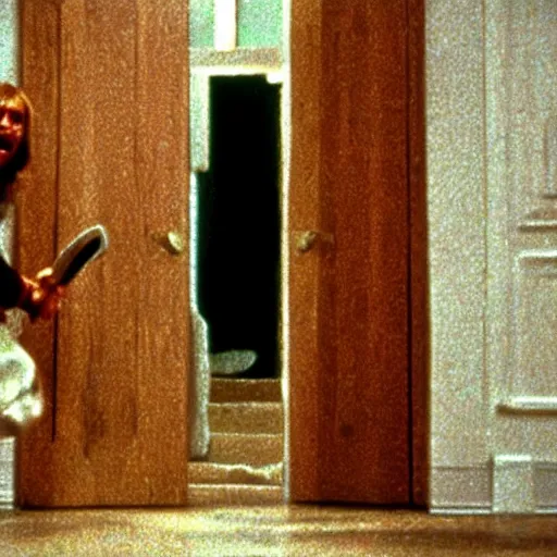 Image similar to here's johnny, breaking through the doo with an axe, in the movie the shining