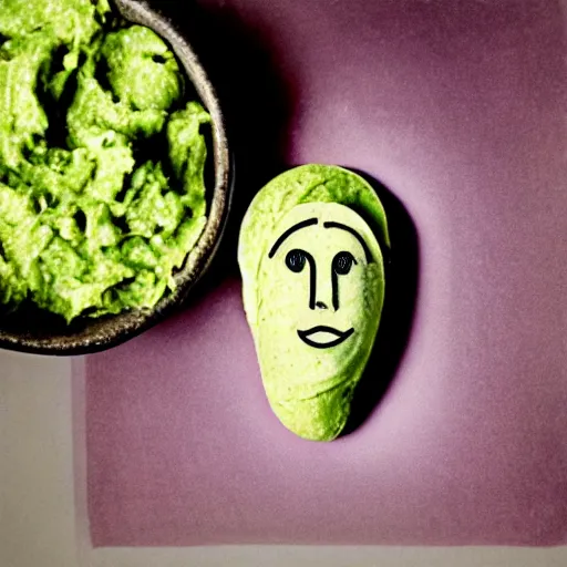 Image similar to molly ringwald face on a pile of guacamole