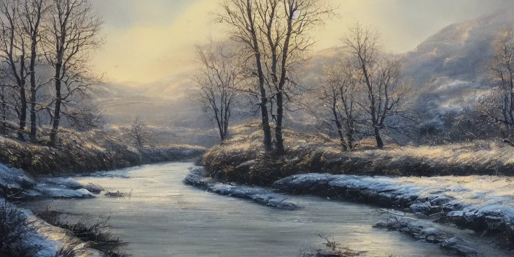 Prompt: a beautiful landscape painting of a yorkshire countryside valley with a river, winter season, oil on canvas, highly detailed, hd, 4 k