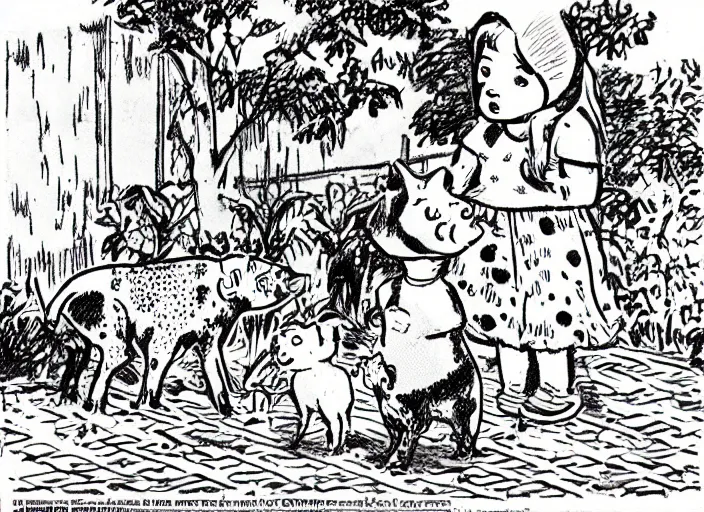 Image similar to antifa girl and a piglet and a duchess and a baby dalmatian hanging out in a garden. vintage comic style drawing