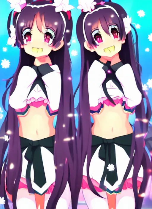 Image similar to two beautiful mature idols performing on stage, twintails, gorgeous faces, smooth, thick lines, cinematic lighting, detailed anime art