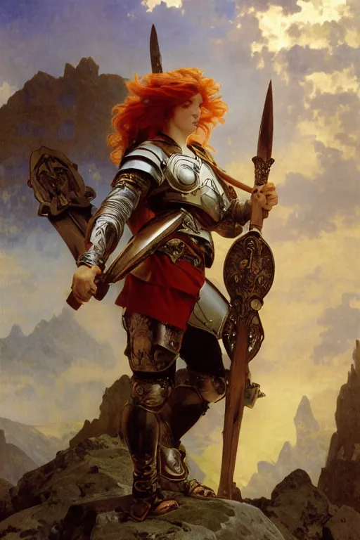 Image similar to full - body matte portrait of a legion of red haired lesbian valkyries in a heroic pose and wearing thick bronze plate armor at the top of a mountain holding a spear made of lightning, art by albert bierstadt, alphonse mucha, andreas rocha, greg rutkowski, sharp edges. ultra clear detailed. 8 k. elegant. octane render