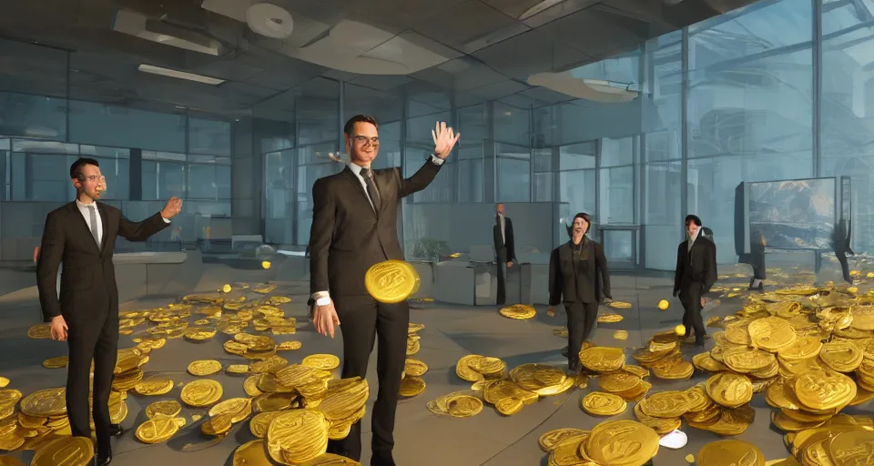 Image similar to Dramatic photo of a CEO waving to a large group of his coworkers in a futuristic office. Golden coins are levitating all around them. 8k, high detail, trending on Artstation, volumetric lighting, cyberpunk