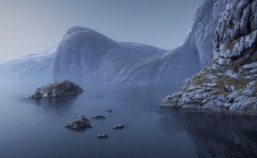 Image similar to Norwegian fjord, hyperrealistic mixed media, stunning 3d render inspired art by P. Craig Russell and Barry Windsor-Smith + dim volumetric lighting, 8k octane beautifully detailed render, post-processing, extremely hyperdetailed, epic composition, grim yet sparkling atmosphere, cinematic lighting + masterpiece, trending on artstation