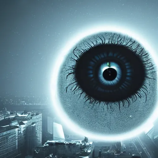 Image similar to a giant eyeball monster conquering a foggy city, photorealistic