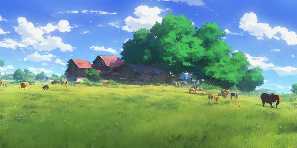Prompt: Sunny farm with blue skies and wilderness, bright colors and high picture quality, by Makoto Shinkai