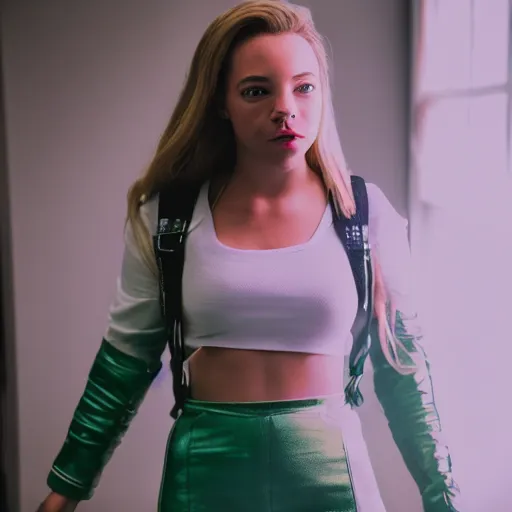 Image similar to sydney sweeney in cosplay as android 1 8, dslr photo, 8 5 mm f / 1. 8