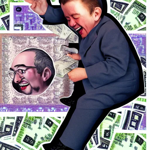 Image similar to a very small adult man sitting, laughing on a large pile of money, digital art, alex ross