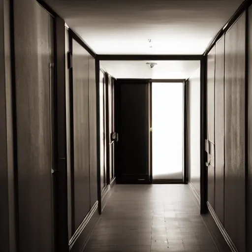 Image similar to a dark and recursive hallway, with a heavenly glow