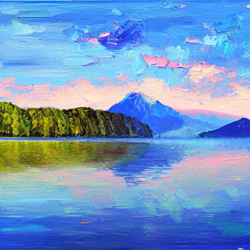 Image similar to a beautiful impasto oil painting of lake chiemsee, digital art