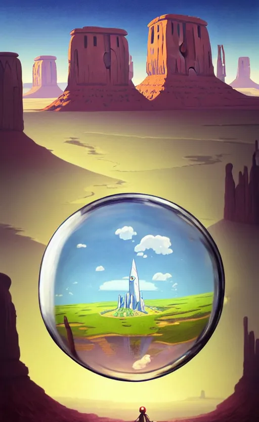 Image similar to a scary hyperrealist painting of a rocketship in a giant transparent cubic bubble from howl's moving castle ( 2 0 0 4 ) in a flooded monument valley stonehenge jungle. depth perception, 4 k, artstation, in the style of studio ghibli