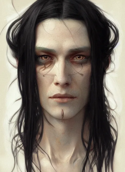 Image similar to An androgynous man with long black hair and a partially skeletal face, highly detailed, digital painting, artstation, concept art, sharp focus, illustration, art by greg rutkowski and alphonse mucha
