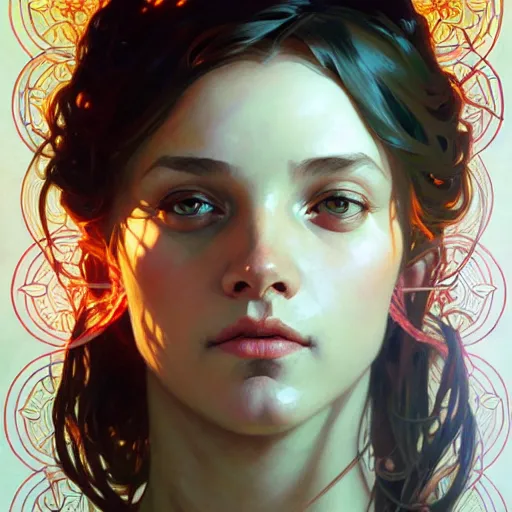 Image similar to Portrait of girl surrounded by floating nodes, face, fantasy, intricate, elegant, highly detailed, digital painting, artstation, concept art, smooth, sharp focus, illustration, art by Greg Manchess and Fernanda Suarez and Artem Demura and alphonse mucha