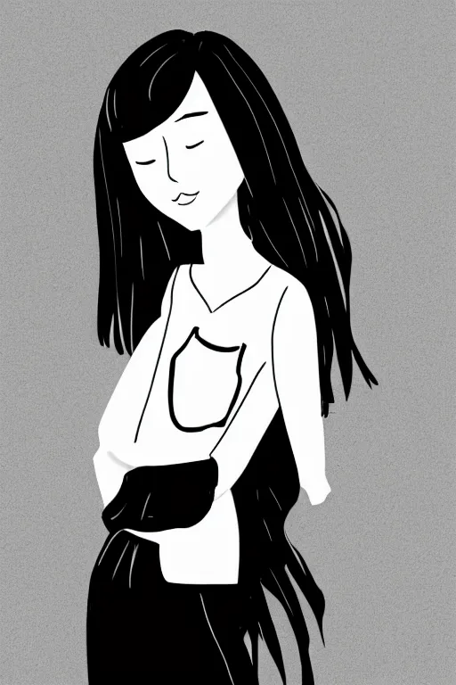 Image similar to portrait of a girl in long pants and a top, hands in pockets, eyes closed, bob haircut, digital art, black and white, manga style