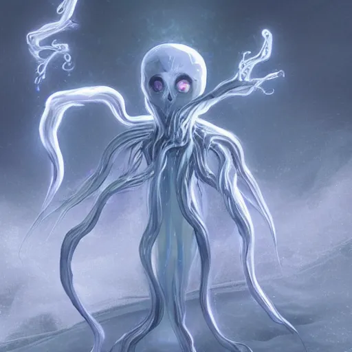 Image similar to concept designs of an ethereal ghostly wraith like figure with a squid like parasite latched onto its transparent skull and long tentacle arms that flow lazily but gracefully at its sides like a cloak while it floats around a frozen rocky tundra in the snow searching for lost souls and that hides amongst the frosted trees, this character has hydrokinesis and electrokinesis for the resident evil village video game franchise with inspiration from the franchise Bloodborne in the style of arcane the series on netflix