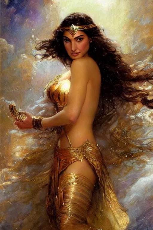 Image similar to high detail portrait of gal gadot as the goddess aphrodite. art by gaston bussiere.