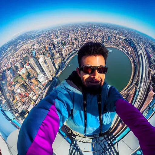 Prompt: a man taking a selfie from the top of the tallest tower in the world, beautiful city, fish eye, wide lens, amazing, beautiful photograph, jaw dropping