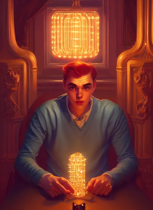 Image similar to portrait of archie andrews, intricate, elegant, glowing lights, highly detailed, digital painting, artstation, concept art, smooth, sharp focus, illustration, art by wlop, mars ravelo and greg rutkowski
