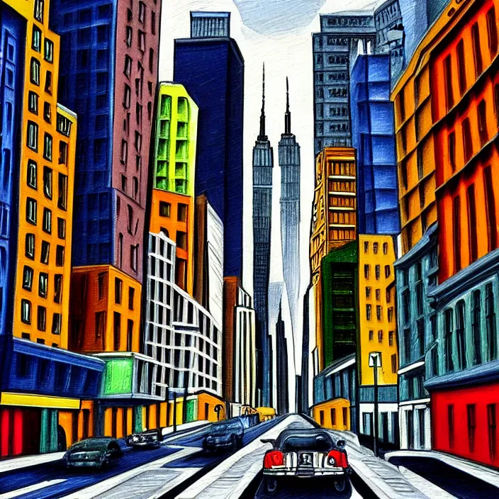 Prompt: hyper realistic, high detail photo of new york street ( painted in the style of picasso ), beautiful, dreary lighting