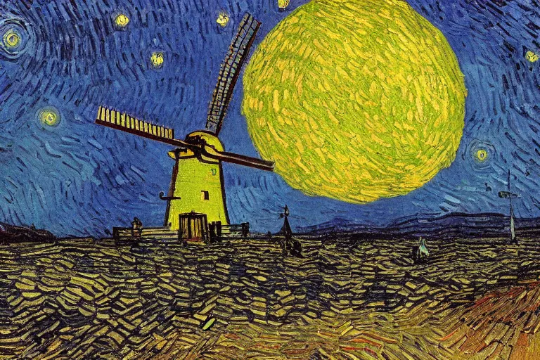 Image similar to windmill on the surface of the moon, circus, magical, warm light by van gogh