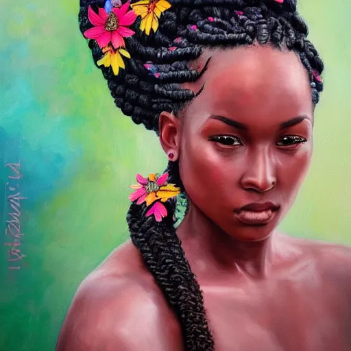 Prompt: super realistic painting of a black woman with braids combined with flowers, colorful, highly detailed, 4k, trending on artstation