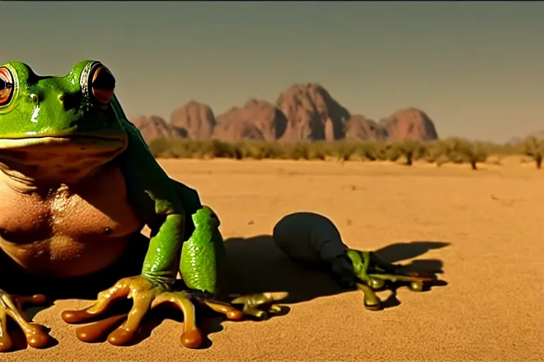 Image similar to a giant frog sitting with boxer mike tyson in the desert, mike tyson with a toad, mike tyson movie directed by martin scorsese and christopher nolan, masterpiece, 8 h