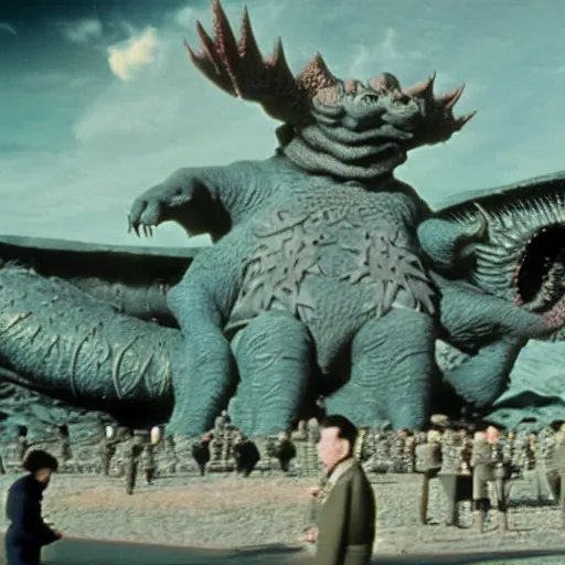 Image similar to Pulgasari the North Korean monster, volumetric lighting, filmstill, produced by Kim Jong-il, Kodachrome, kaiju-eiga, starfish monster movie