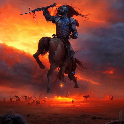 Image similar to the battle of the little bighorn terminator judgement day. trending on artstation, 4 k, oil on canvas, artstation, dramatic warm color, dramatic lighting, fantasy, epic, ultra detailed.