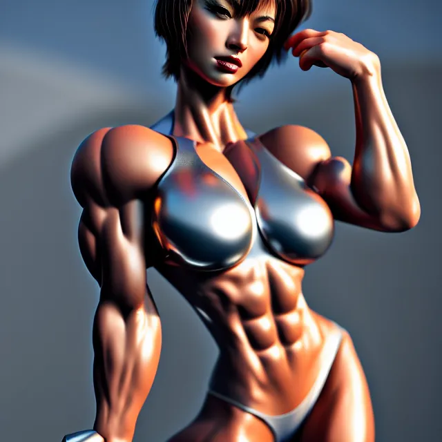 Image similar to muscle girl, chrome, highly detailed, 4 k, hdr, smooth, sharp focus, high resolution, award - winning photo, sakimichan, photorealistic