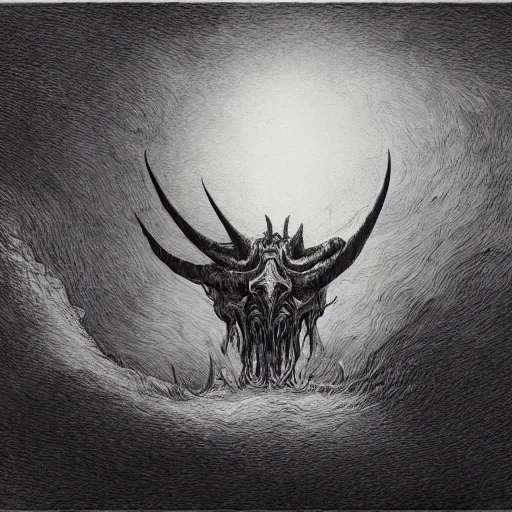 Image similar to full body grayscale drawing by Gustave Dore and Anato Finnstark of horned muscled humanoid beast, 3/4 view from below, engulfed in swirling flames