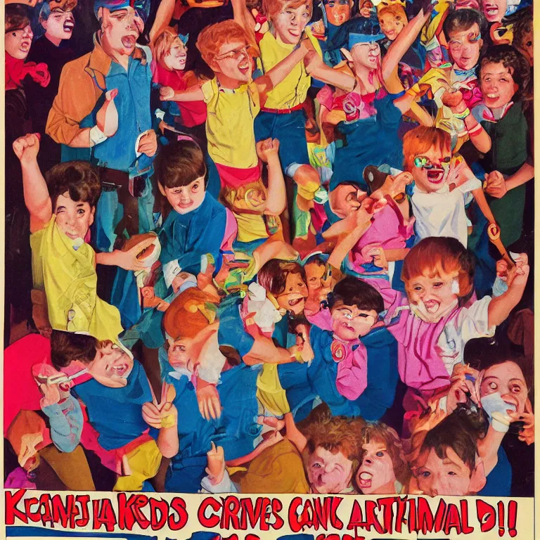 Image similar to kids who snuck out meeting at the carnival, detailed 1980s realistic advertising illustration