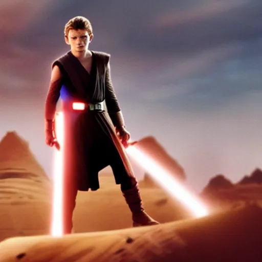 Prompt: tom holland plays anakin skywalker in the live action remake of star wars revenge of the sith, 3 5 mm photography, highly detailed, cinematic lighting, standing pose, holding a lightsaber, tatooine in the background, 4 k