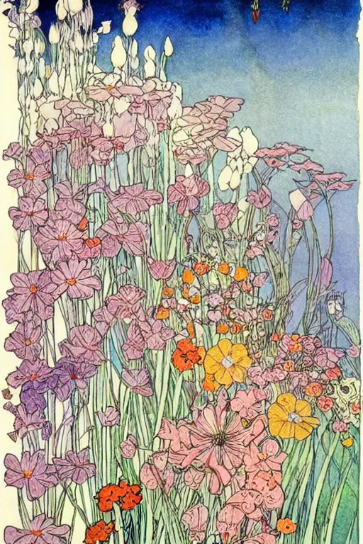 Image similar to beautiful colorful spring flowers, detailed art by kay nielsen and walter crane, illustration style, watercolor