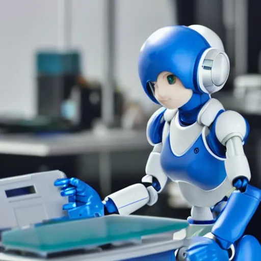 Image similar to photo of figma figures inside a diorama of a laboratory : : a cute humanoid female ball - jointed long - haired robot in the style of mega man is repairing computers, with companion robots.