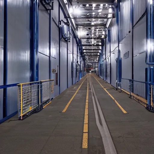 Image similar to photo of a factory exterior at night. lots of illuminated catwalks and gangways surrounding tall silos. various tubes and pipes run in raceways along the site.