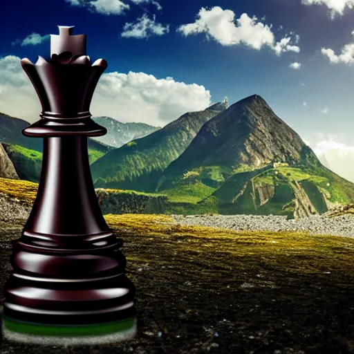 Prompt: knight chess piece playing piano, chessboard background, mountains further away