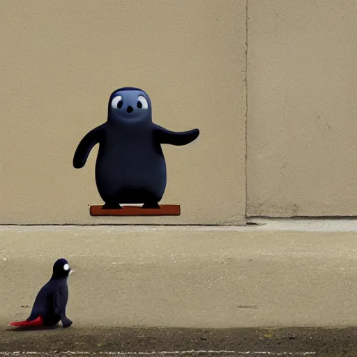 Prompt: Pingu by Otmar Gutmann and Erika Brueggemann, trying to sell guns on the street