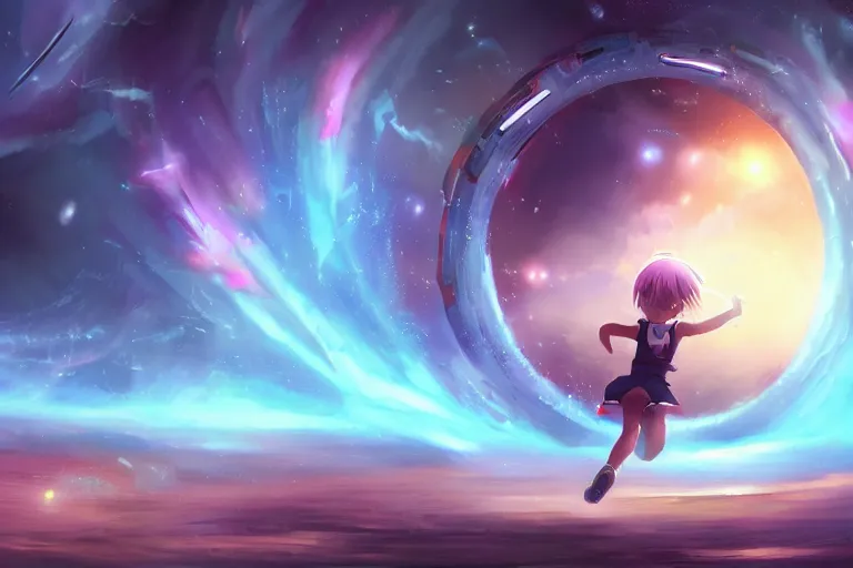 Image similar to anime young girl running towards a cosmic portal, official media, wlop, concept art, digital painting, trending on artstation, highly detailed, epic composition, 8 k uhd