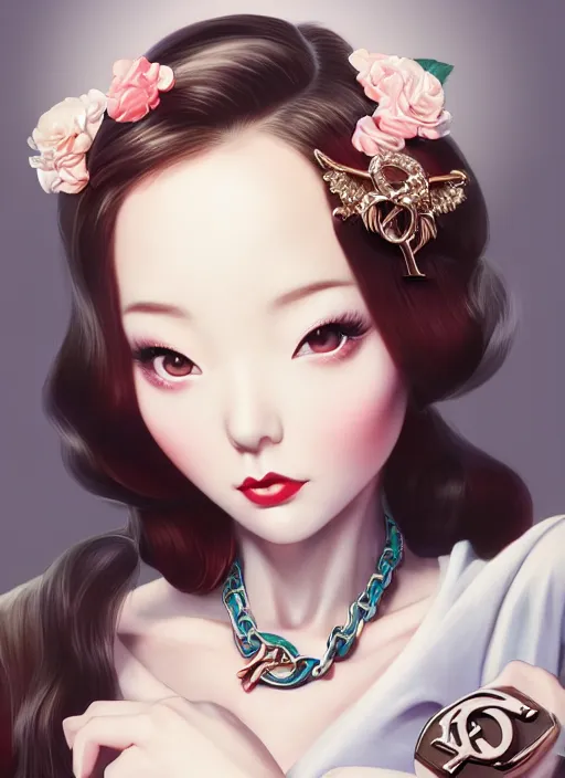 Image similar to a pin up and beautiful fashion dreamlke japan girl with lv jewelry, character art, art by artgerm, wlop, loish, hyperdetailed, 8 k realistic, symmetrical, global illumination, radiant light, frostbite 3 engine, cryengine, dof, trending on artstation, digital art, chanel, dior, detailed background